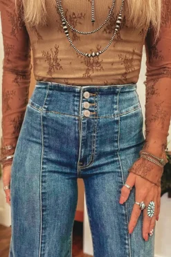 Sale Dear-Lover High Waist Button Fly Seamed Raw Hem Flare Jeans Sail Blue