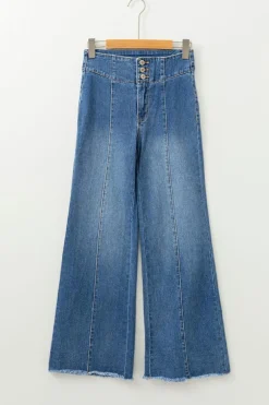 Sale Dear-Lover High Waist Button Fly Seamed Raw Hem Flare Jeans Sail Blue