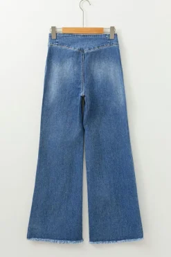 Sale Dear-Lover High Waist Button Fly Seamed Raw Hem Flare Jeans Sail Blue