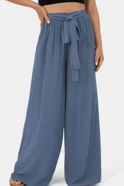 Outlet Dear-Lover High Waisted Tie Front Side Pocket Wide Leg Flowy Casual Pants Sail Blue
