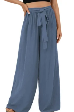 Outlet Dear-Lover High Waisted Tie Front Side Pocket Wide Leg Flowy Casual Pants Sail Blue