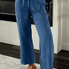 Fashion Dear-Lover Mineral Wash Drawstring Waist Loose Straight Denim Pants Sail Blue