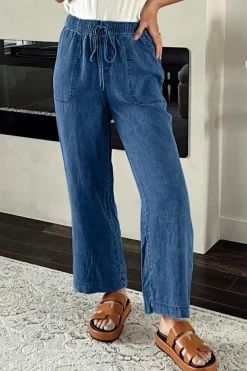 Fashion Dear-Lover Mineral Wash Drawstring Waist Loose Straight Denim Pants Sail Blue
