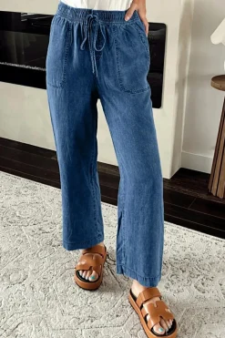 Fashion Dear-Lover Mineral Wash Drawstring Waist Loose Straight Denim Pants Sail Blue
