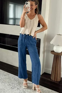 Fashion Dear-Lover Mineral Wash Drawstring Waist Loose Straight Denim Pants Sail Blue