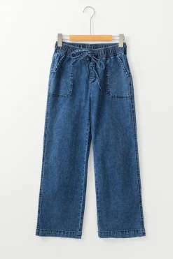 Fashion Dear-Lover Mineral Wash Drawstring Waist Loose Straight Denim Pants Sail Blue