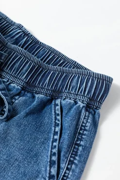 Fashion Dear-Lover Mineral Wash Drawstring Waist Loose Straight Denim Pants Sail Blue