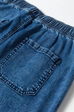 Fashion Dear-Lover Mineral Wash Drawstring Waist Loose Straight Denim Pants Sail Blue