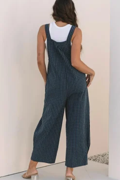 Outlet Dear-Lover Plaid Print Buttoned Pocketed High Waist Overall Sail Blue