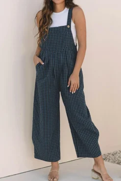 Outlet Dear-Lover Plaid Print Buttoned Pocketed High Waist Overall Sail Blue