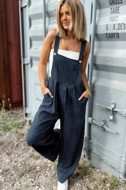 Outlet Dear-Lover Plaid Print Buttoned Pocketed High Waist Overall Sail Blue