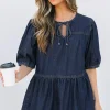 Fashion Dear-Lover Puff Sleeve Lace-up Neckline Splicing Denim Blouse Sail Blue
