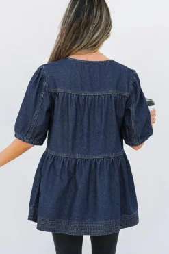 Fashion Dear-Lover Puff Sleeve Lace-up Neckline Splicing Denim Blouse Sail Blue