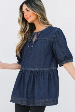 Fashion Dear-Lover Puff Sleeve Lace-up Neckline Splicing Denim Blouse Sail Blue