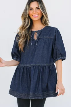 Fashion Dear-Lover Puff Sleeve Lace-up Neckline Splicing Denim Blouse Sail Blue