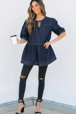 Fashion Dear-Lover Puff Sleeve Lace-up Neckline Splicing Denim Blouse Sail Blue