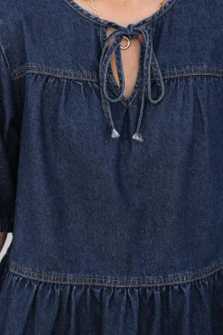 Fashion Dear-Lover Puff Sleeve Lace-up Neckline Splicing Denim Blouse Sail Blue