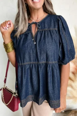 Fashion Dear-Lover Puff Sleeve Lace-up Neckline Splicing Denim Blouse Sail Blue