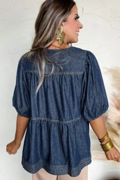 Fashion Dear-Lover Puff Sleeve Lace-up Neckline Splicing Denim Blouse Sail Blue