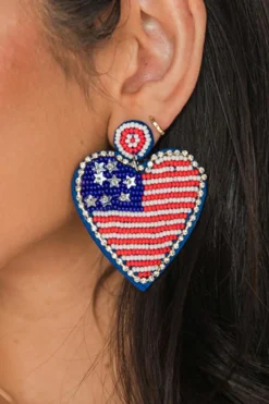 Hot Dear-Lover Rhinestone Beaded American Flag Heart Earrings Sail Blue