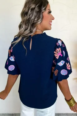 Online Dear-Lover Shellfish Coral Embroidery Puff Sleeve Frilled Neck Blouse Sail Blue