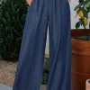 Sale Dear-Lover Side Pockets Frilled Smocked High Waist Wide Leg Jeans Sail Blue