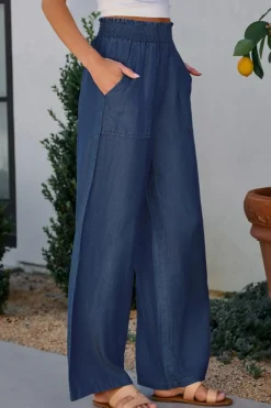 Sale Dear-Lover Side Pockets Frilled Smocked High Waist Wide Leg Jeans Sail Blue