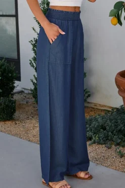 Sale Dear-Lover Side Pockets Frilled Smocked High Waist Wide Leg Jeans Sail Blue