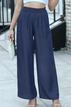 Sale Dear-Lover Side Pockets Frilled Smocked High Waist Wide Leg Jeans Sail Blue