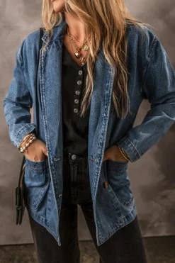 Fashion Dear-Lover Side Pockets Lapel Collar Denim Jacket Sail Blue