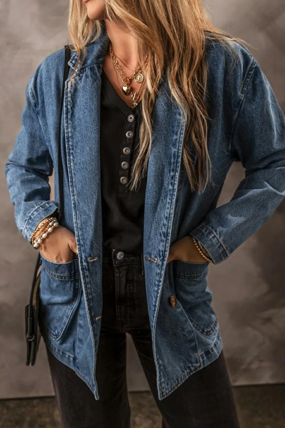 Fashion Dear-Lover Side Pockets Lapel Collar Denim Jacket Sail Blue