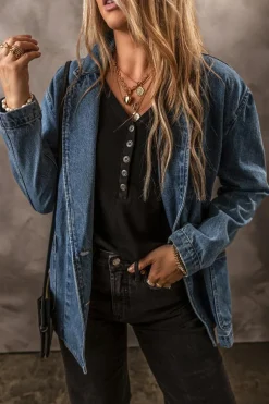 Fashion Dear-Lover Side Pockets Lapel Collar Denim Jacket Sail Blue