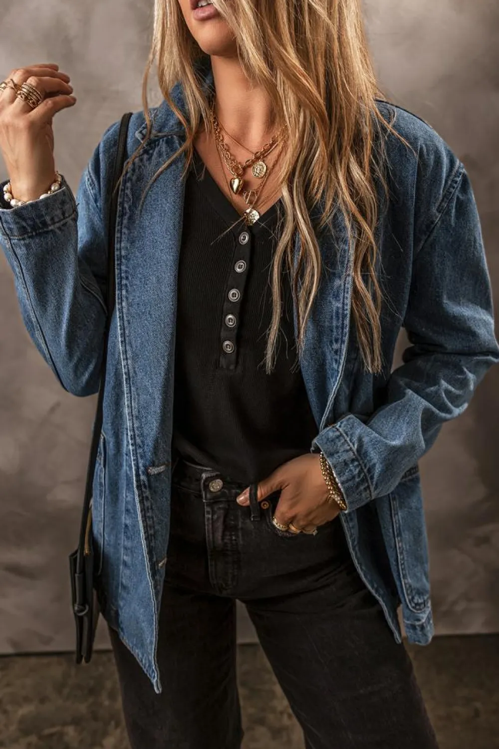 Fashion Dear-Lover Side Pockets Lapel Collar Denim Jacket Sail Blue