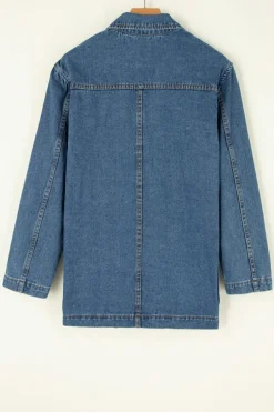 Fashion Dear-Lover Side Pockets Lapel Collar Denim Jacket Sail Blue
