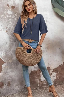Clearance Dear-Lover Solid Colour V-Neck Double Layer Sleeve Loose T-Shirt Sail Blue