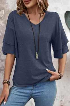 Clearance Dear-Lover Solid Colour V-Neck Double Layer Sleeve Loose T-Shirt Sail Blue