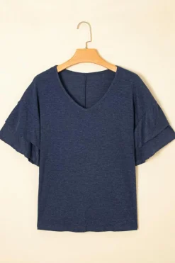 Clearance Dear-Lover Solid Colour V-Neck Double Layer Sleeve Loose T-Shirt Sail Blue