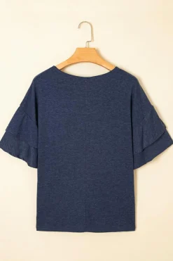 Clearance Dear-Lover Solid Colour V-Neck Double Layer Sleeve Loose T-Shirt Sail Blue