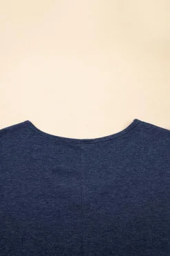 Clearance Dear-Lover Solid Colour V-Neck Double Layer Sleeve Loose T-Shirt Sail Blue