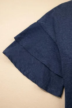 Clearance Dear-Lover Solid Colour V-Neck Double Layer Sleeve Loose T-Shirt Sail Blue