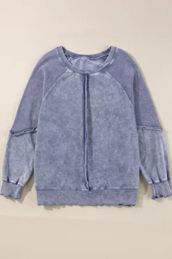 Online Dear-Lover Solid Waffle Knit Patchwork Raglan Sleeve Sweatshirt Sail Blue