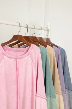 Online Dear-Lover Solid Waffle Knit Patchwork Raglan Sleeve Sweatshirt Sail Blue