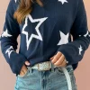 Discount Dear-Lover Star Pattern Drop Shoulder Knitted Sweater Sail Blue