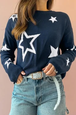 Discount Dear-Lover Star Pattern Drop Shoulder Knitted Sweater Sail Blue