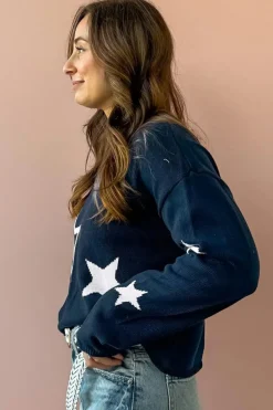 Discount Dear-Lover Star Pattern Drop Shoulder Knitted Sweater Sail Blue