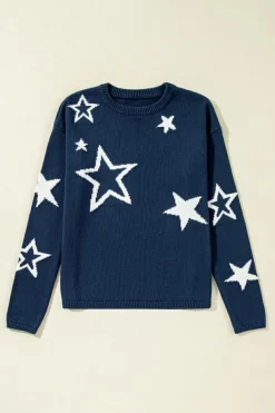 Discount Dear-Lover Star Pattern Drop Shoulder Knitted Sweater Sail Blue