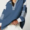 Best Dear-Lover Striped Colorblock Patchwork Collar Sweatshirt Sail Blue