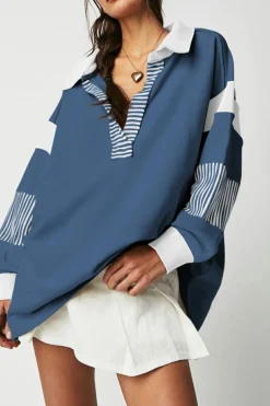 Best Dear-Lover Striped Colorblock Patchwork Collar Sweatshirt Sail Blue