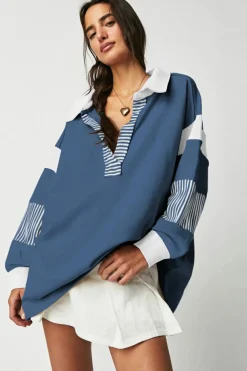 Best Dear-Lover Striped Colorblock Patchwork Collar Sweatshirt Sail Blue