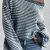 Sale Dear-Lover Striped Lantern Sleeve Drop Shoulder Cozy Sweater Sail Blue
